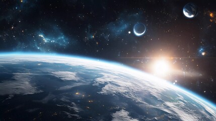 A beautiful view of the Earth from space, with the sun rising in the background. The blue and white colors of the planet and the sun create a serene and peaceful atmosphere