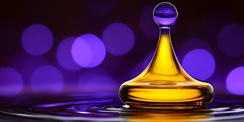 Golden liquid drop falling with purple circular bokeh background