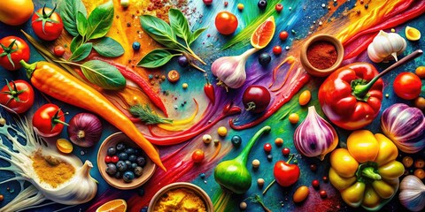 Naklejka premium Abstract Food Art: Vivid Expressionist Still Life, Bold Colors, High Depth of Field