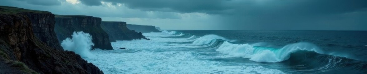 Obraz premium Dark clouds, raging waves crash against cliffs, sea, dramatic, spray
