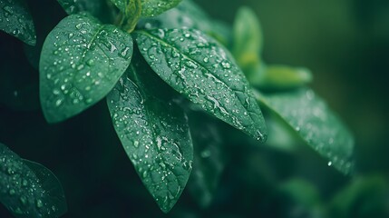 Fototapeta premium Lush green leaves adorned with glistening droplets of water