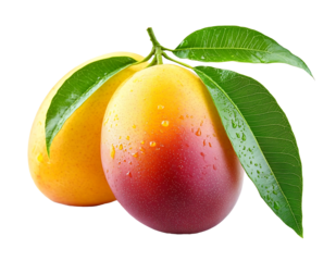Two ripe mangoes with green leaves isolated on transparent background, high resolution PNG file