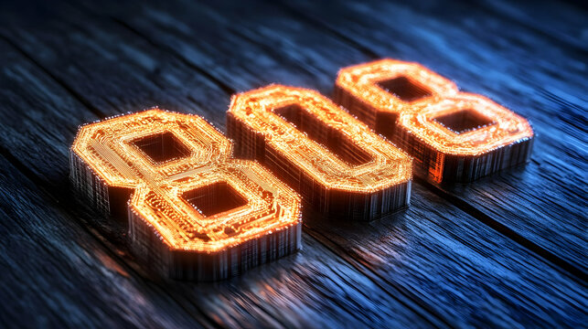 Glowing 808 Number on Dark Wooden Background