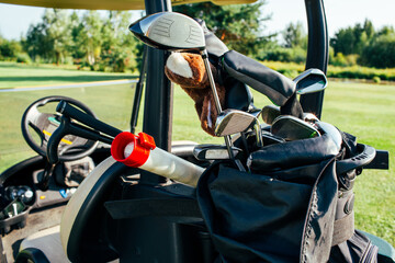 Obraz premium A well-prepared golf bag filled with clubs and accessories, set against a picturesque backdrop of a green golf course