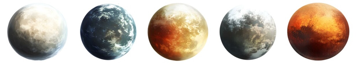 Naklejka premium Five Diverse Planets in Digital Art Textured Spheres Ranging from Light Gray to Fiery Orange