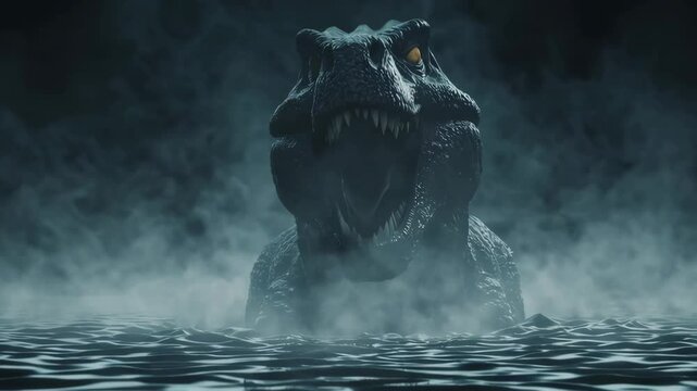A prehistoric sea creature emerges from dark waters, surrounded by mist and mystery