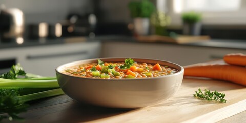 Realistic 3D Icon Cartoon of A Bowl of Lentil Soup with Carrots, Celery, and Fresh Herbs on a Slightly Blurred Chef Workspace