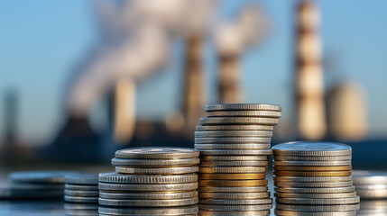 Carbon tax climate change pricing. Environment carbon credits. Greenhouse gases decarbonization. Stack of coins with industrial smokestacks in the background.