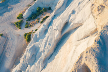 Obraz premium Aerial view of white sandstone rock formations with deep crevices and unique textures, sculpted by wind and time. 