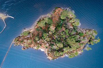Aerial top-down photograph of Pine Island on Derryclare Lough, Connemara, Galway, Ireland