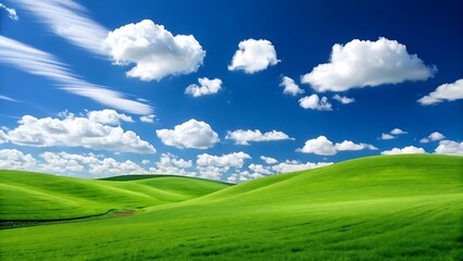 Fototapeta premium Rolling green hills under a vibrant blue sky with fluffy white clouds.
