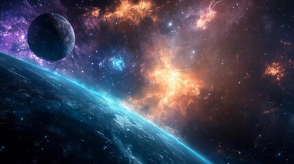 A planet with a moon and a starry sky. The sky is filled with stars and the planet is surrounded by a blue and orange glow