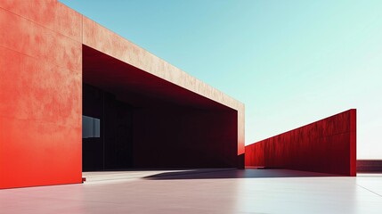 A red building with a large window and a red wall. The building is empty and the sky is blue