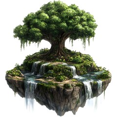 Fototapeta premium Lush Green Tree on a Floating Island with Cascading Waterfalls