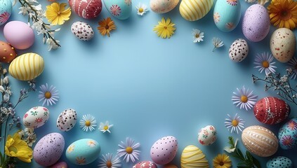 Easter eggs and spring flowers on blue background with copy space. Easter celebration concept.