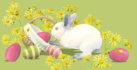 Watercolor Easter Bunny and Eggs and Yellow Flowers