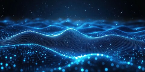 Digital landscape features glowing blue waves and particles against a dark background, creating an immersive atmosphere