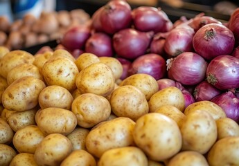 Freshly harvested yellow potatoes and red onions stacked together on a market display for healthy cooking and culinary inspiration