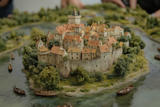 Medieval Island Castle Miniature Model: Stone Walls, Red Roofs, Green Trees