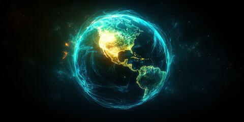 Obraz premium Visual representation of the Earth illuminated with vibrant colors and digital effects showcasing North and South America at night