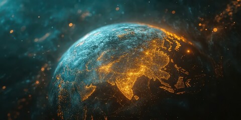 Visual representation of Earth at night highlighting urban areas with glowing lights from various continents and regions