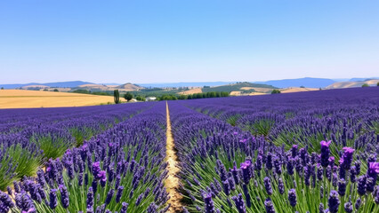 Fototapeta premium Endless Lavender Field Under a Clear Blue Sky with Distant Hills
