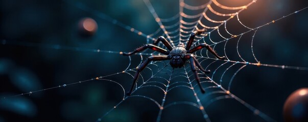 Intricate spiderweb, dark background, Halloween theme , creepy, halloween