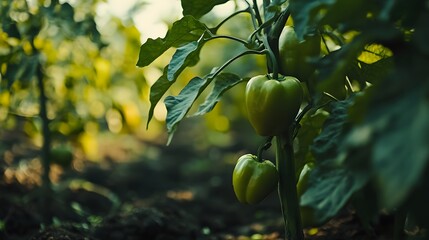 Green Bell Peppers Growing on a Plant in a Garden