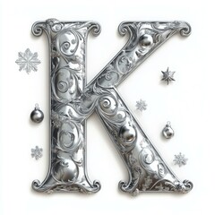 Ornate Silver Letter K with Snowflakes on White