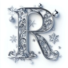 Ornate Silver Letter R with Snowflakes and Ornaments