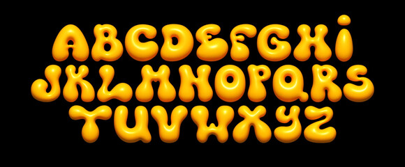 Yellow bubble font. Glossy liquid 3D alphabet with shiny effect, for kids' designs, party invitations, and creative typography. Vector set © BonkiStudio