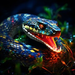 Fototapeta premium The vibrant and mesmerizing image depicts a snake coiled in a lush, dark forest setting, illuminated by a fiery, otherworldly glow.