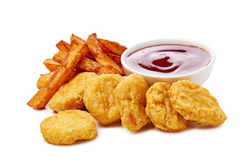 Enjoy some delicious Chicken Nuggets served with crispy Fries and a flavorful Dipping Sauce