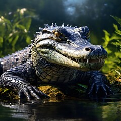 Fototapeta premium A close-up of a crocodile with detailed texture and vibrant colors against a natural, lush green background.