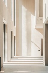 Fototapeta premium Sunlit modern interior showcasing minimalist design with clean lines and neutral tones in a contemporary architectural space.