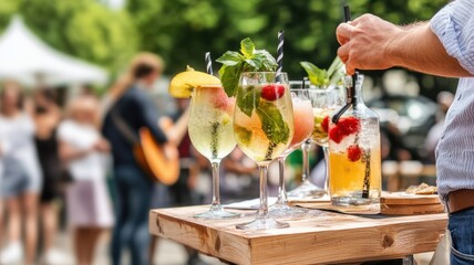 Music festival concept. Colorful cocktails are served at a vibrant outdoor event with guests mingling in the background.