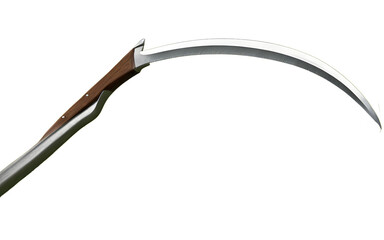 A traditional scythe with a long curved blade for cutting grass, isolated on a empty plain background
