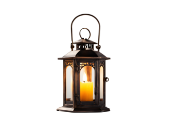 A vintage metal lantern with a glowing candle inside, isolated on a empty plain background