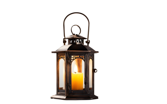 A vintage metal lantern with a glowing candle inside, isolated on a empty plain background
