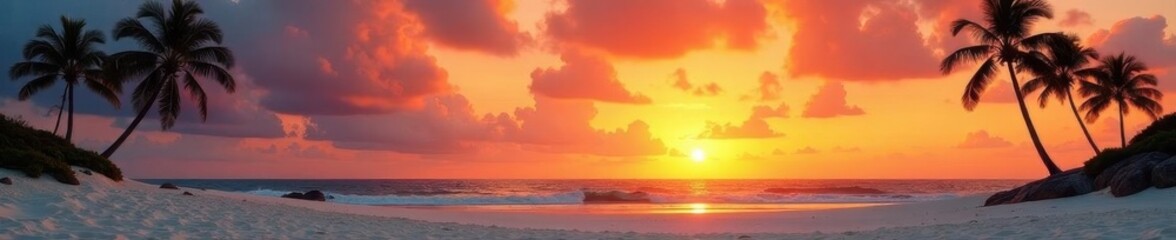 Obraz premium White sand, palm trees silhouette against sunset, holiday, light, peaceful