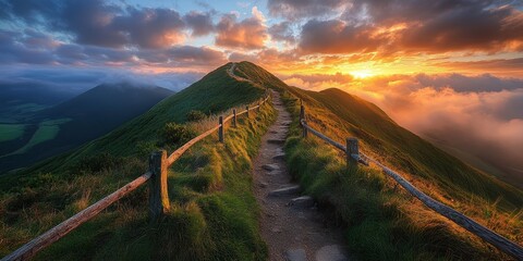 Vibrant green grass cascades down a serene hillside, bordered by rustic wooden fencing. Sunlight dances across the landscape, highlighting nature's hues and textures