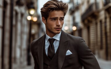Fototapeta premium Stylish Young Man in Dark Grey Suit Standing in Urban Setting with Serious Expression Sophisticated Mood