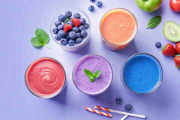 Colorful smoothies with fresh fruits and berries overhead shot.