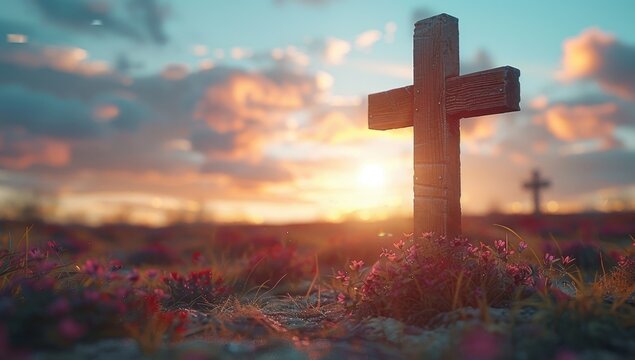 Wooden cross in a field at sunset with blooming flowers, symbolizing faith, spirituality, and nature.