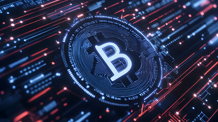 Glowing Bitcoin Symbol on Circuit Board Background