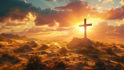 Fototapeta premium Sunset over a desert landscape with a cross, symbolizing faith and spirituality.
