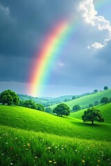 Obraz premium Serene rainbow arc above rolling green hills, idyllic park , sky, peaceful, tranquil
