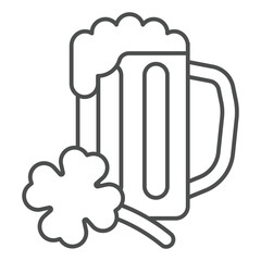 Mug of beer with clover thin icon, saint Patrick day concept. Vector graphics. Beer pint glass with leaf sign on white background, outline style icon for mobile or web design.