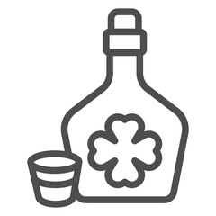Bottle with strong drink and shot glass line icon, saint Patrick day concept. Vector graphics. Whisky bottle drink with clover sign on white background, outline style icon for mobile or web.