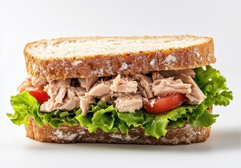 Freshly Made Tuna Sandwich with Leafy Lettuce and Tomato Slices on Whole Wheat Bread Against a Clean White Background